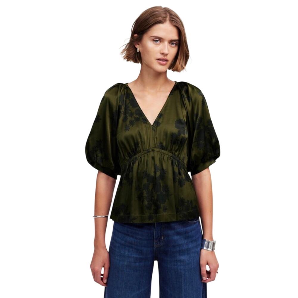 MADEWELL Women’s Shirred Puff Sleeve Crinkle Satin Vneck Green Top